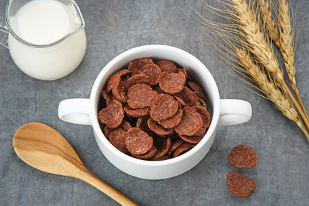 Bowl of cereal chocolate flavor, sweet crunchy