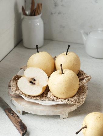 Fresh and healthy pear fruits on the tableの写真素材