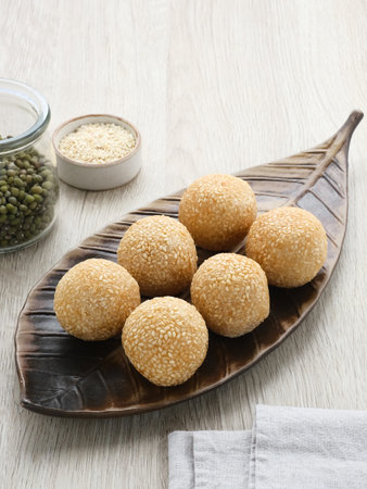 Onde-Onde, Indonesian traditional food, made from glutinous rice flour with beans pasta, wrapped in...