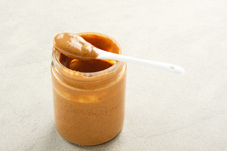 Organic Almond Butter in Jarの写真素材