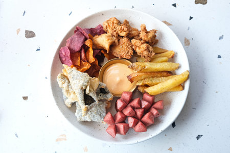 Mix Platter, a plate of snacks containing french fries, sausages, chicken karaage, meatballs with...