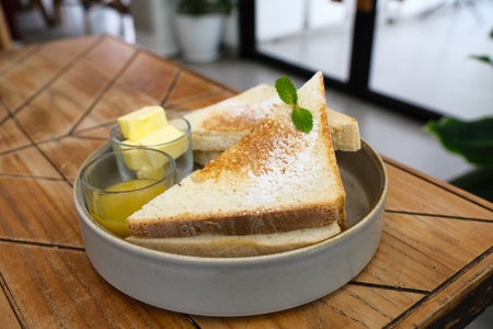 Roti Bakar Selai Srikaya, toasted brioche loaf with kaya jamの写真素材