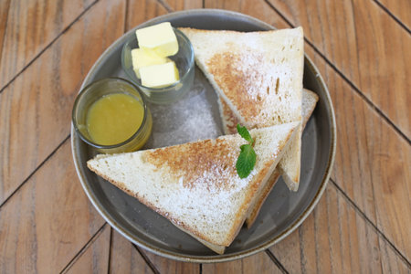 Roti Bakar Selai Srikaya, toasted brioche loaf with kaya jamの写真素材