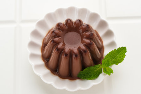 Chocolate pudding with mint leaf, served on a small white plateの写真素材