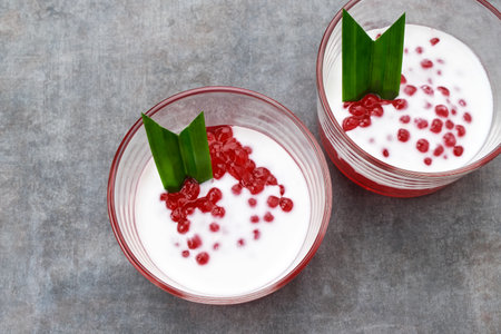 Bubur Sagu Mutiara, Indonesian Sago Dessert. Made from pearl sago, sugar, pandan leaves, and coconut milk.の写真素材