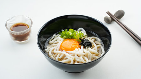Udon Noodles with egg yolk and dashi soup, japanese foodの写真素材