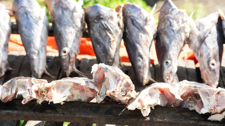 The process of smoking fish on the coast of Semarang Indonesia. Fresh fish is dried and smoked using a handmade stove. Traditional productionの写真素材
