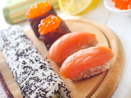 Fresh rolls and sushi with salmonの写真素材