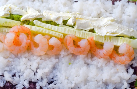 Fresh ingredients for sushi, rice and shrimpsの写真素材