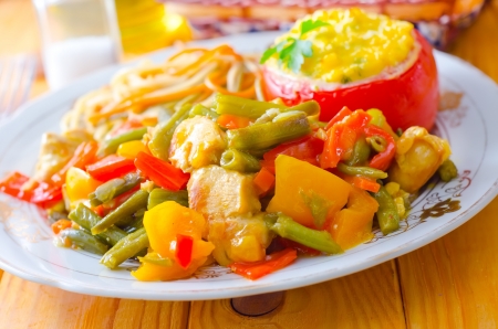 Fresh dinner in the plate, pasta and vegetable stewの写真素材