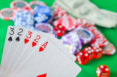 Card for poker in the hand, chips and card for poker