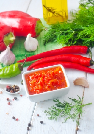 Fresh sauce from tomato and chilli peppersの写真素材