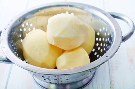 raw potato in the metal bowlの写真素材