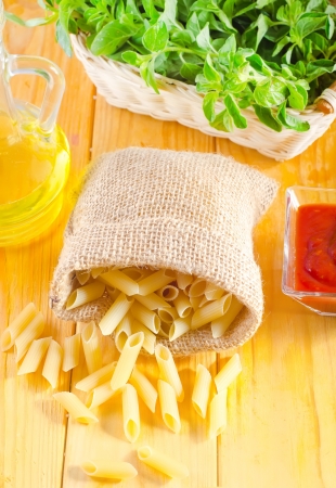 Close-up of assorted pasta in jute bagの写真素材
