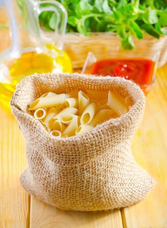 Close-up of assorted pasta in jute bagの写真素材