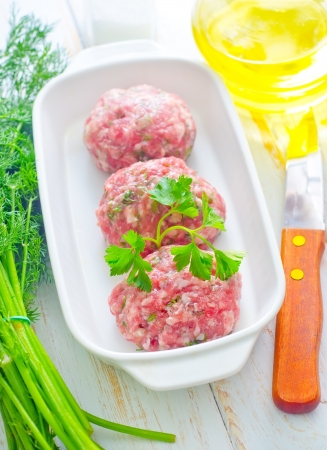Raw meat balls in the white bowlの写真素材