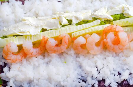 Fresh ingredients for sushi, rice and shrimpsの写真素材