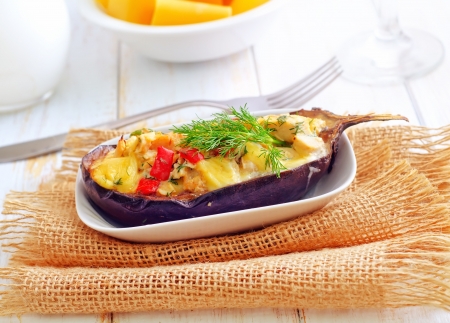 stuffed eggplants on the white plateの写真素材