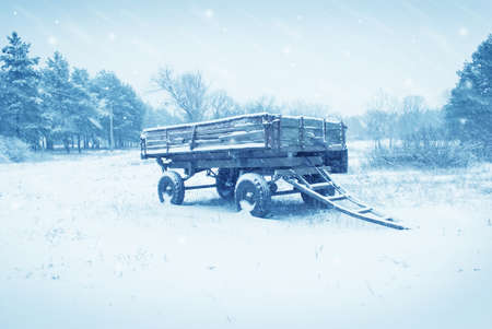 an old farm cart in the snowの写真素材