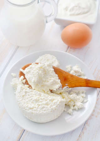 Milk products, fresh cottage in the white plateの写真素材