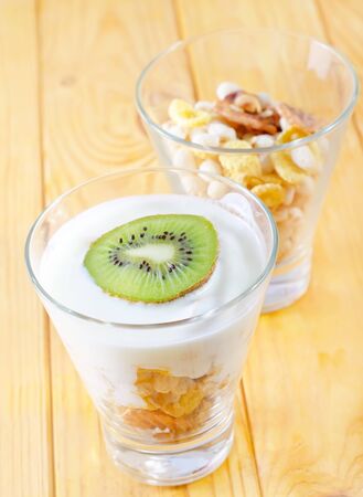 fresh yogurt and muesli in a glassの写真素材