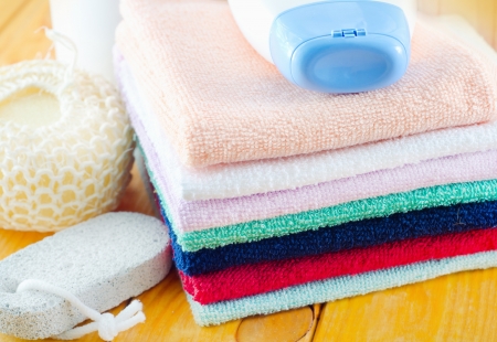 shampoo, body wash and towelsの写真素材