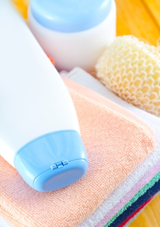 shampoo, body wash and towelsの写真素材