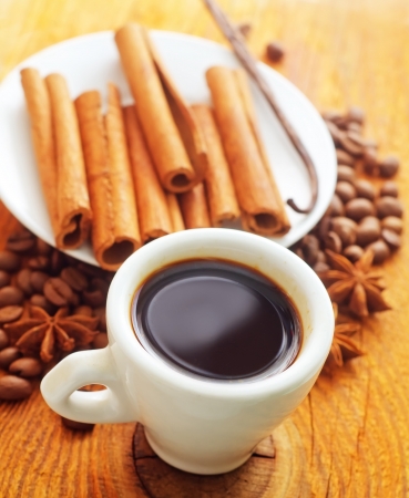 cinnamon and coffee on the white plateの写真素材