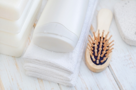 towels and shampooの写真素材