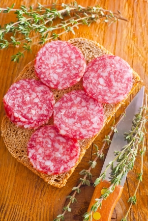 salami on breadの写真素材