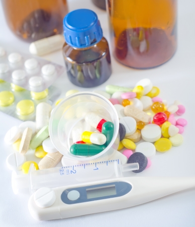 color pills and medical bottleの写真素材