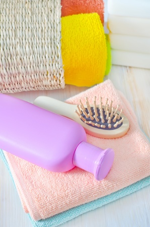 color towels and shampooの写真素材