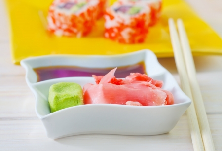 soy sauce, vasabi and gingerの写真素材