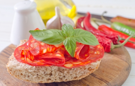 bread with salamiの写真素材