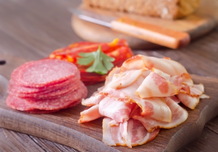 bread, salami and baconの写真素材
