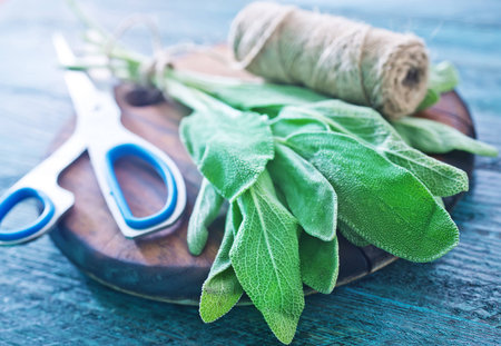 aroma sage on the wooden board and on a tableの写真素材