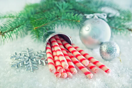 red biscuit tube on the cristmas decorationの写真素材