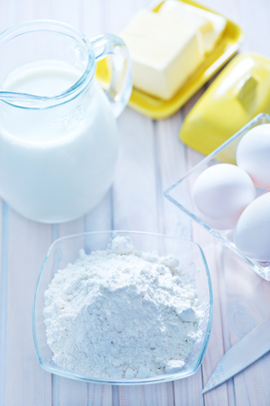 ingredients for dough on the white tableの写真素材