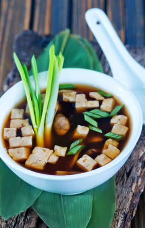 soup in bowl and on a tableの写真素材