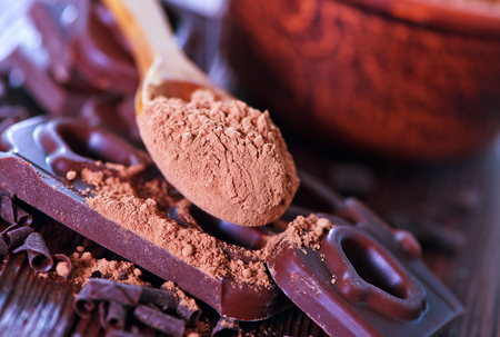 chocolate and cocoa powder on the wooden tableの写真素材