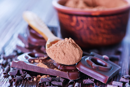 chocolate and cocoa powder on the wooden tableの写真素材