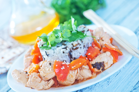 asian food: boiled rice with fried chickenの写真素材