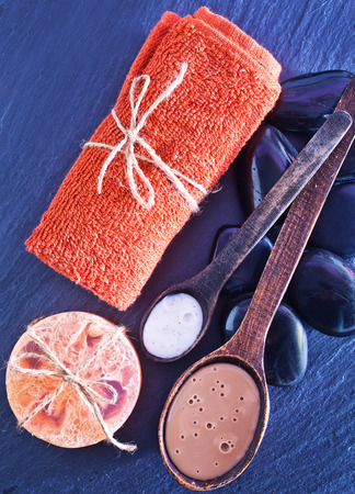 objects for bath on the wooden tableの写真素材