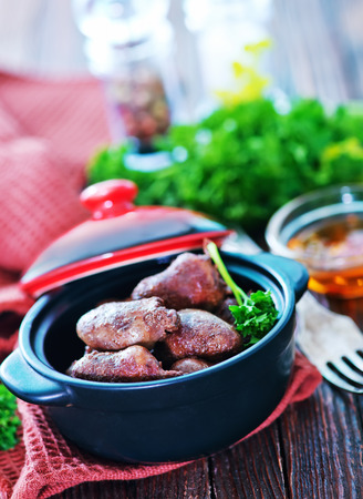 fried heart in bowl and on a tableの写真素材