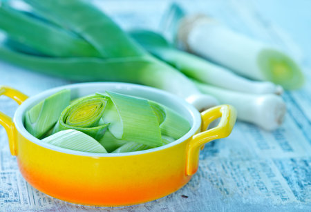 raw leek in bowl and on a table