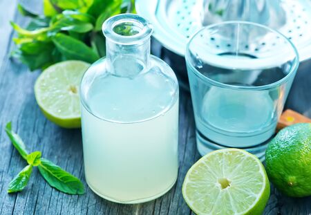 fresh lime juice in the glass bottleの写真素材
