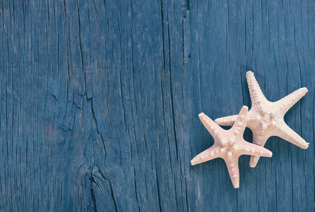 starfish on wooden background, sea shell on a tableの写真素材