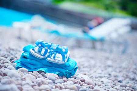 summer background, blue towel on sea beachの写真素材
