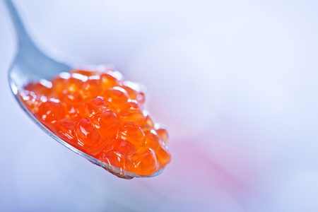 red salmon caviar in the metal spoonの写真素材