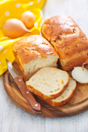 onion breads on boardの写真素材